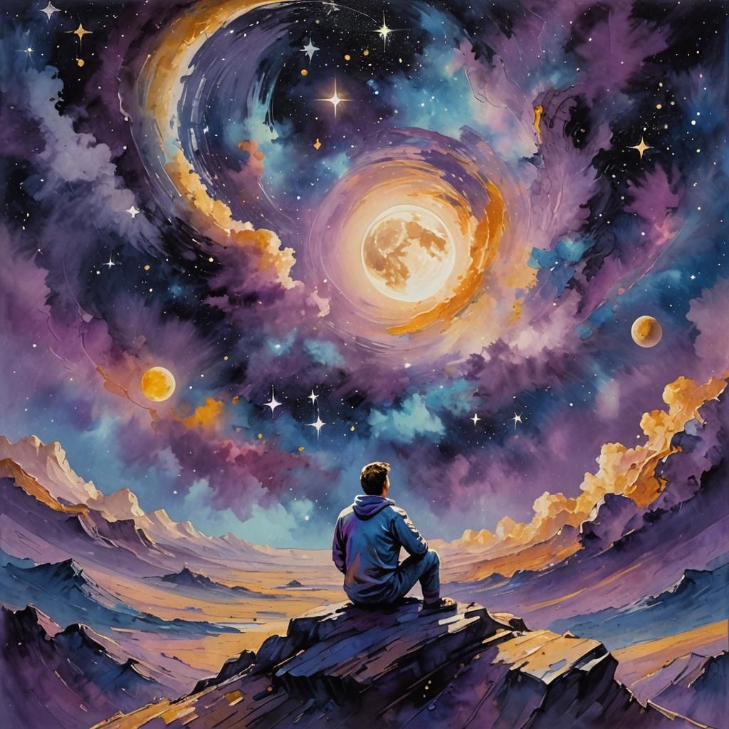 Impressionist Masterpiece: Man on the Moon in Golden Hour