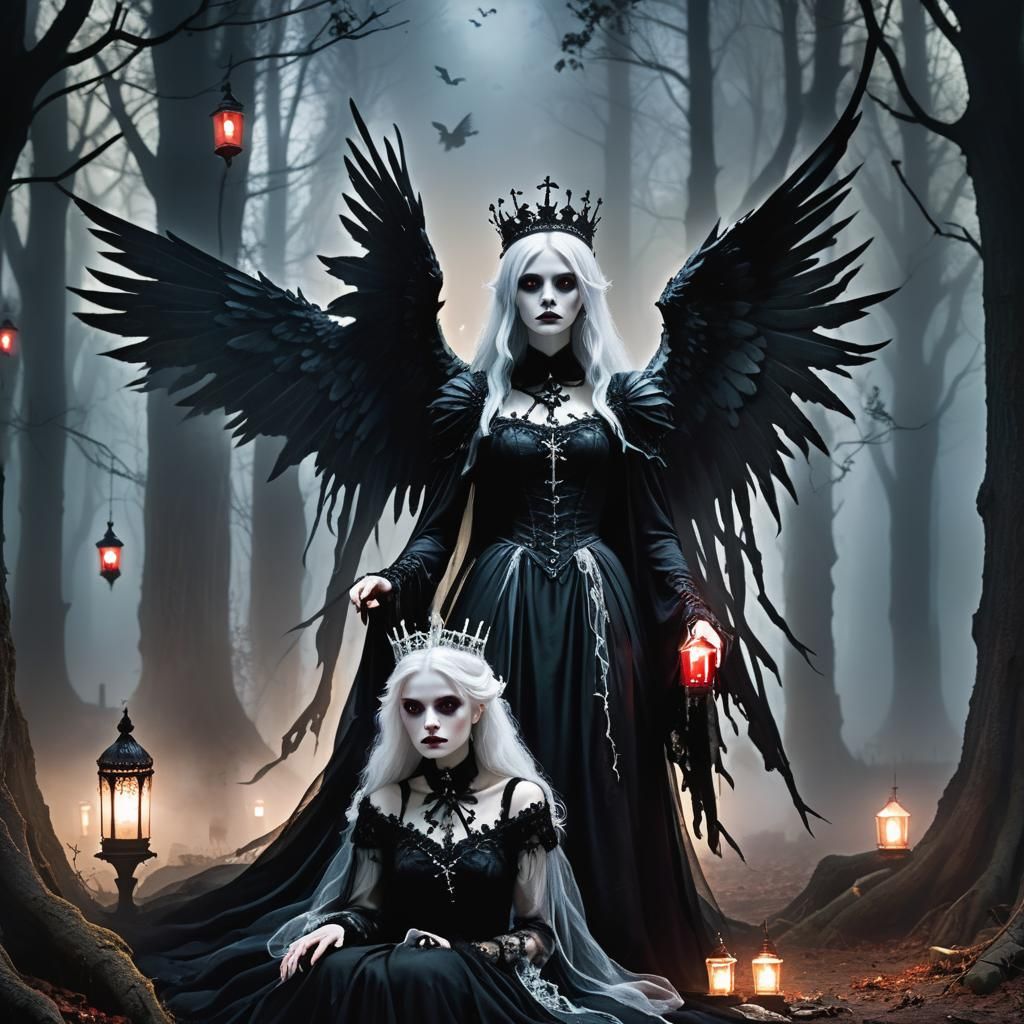 Gothic Figures in Misty Forest at Night