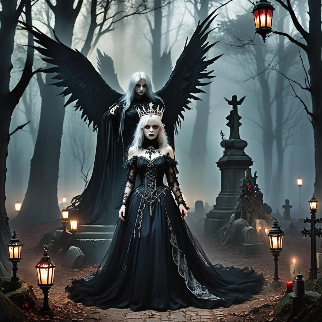 Gothic Figures in Misty Forest, Hyperrealistic Splash Art