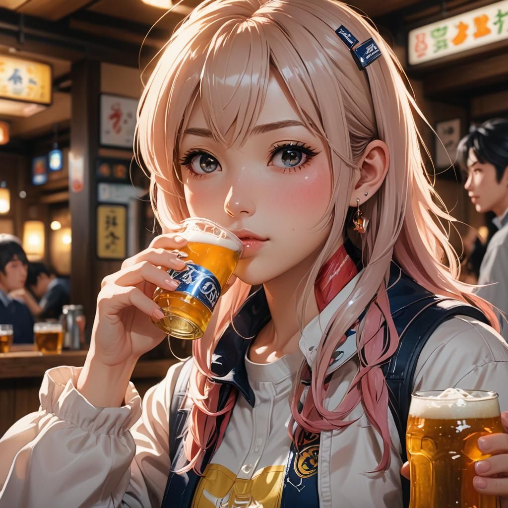 Anime Girl Savoring Beer in Modern Tavern Setting