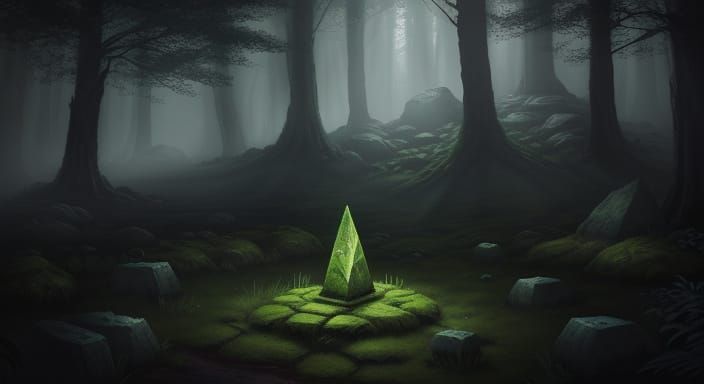 Mysterious Glowing Rune Stone in Dark Fantasy Forest