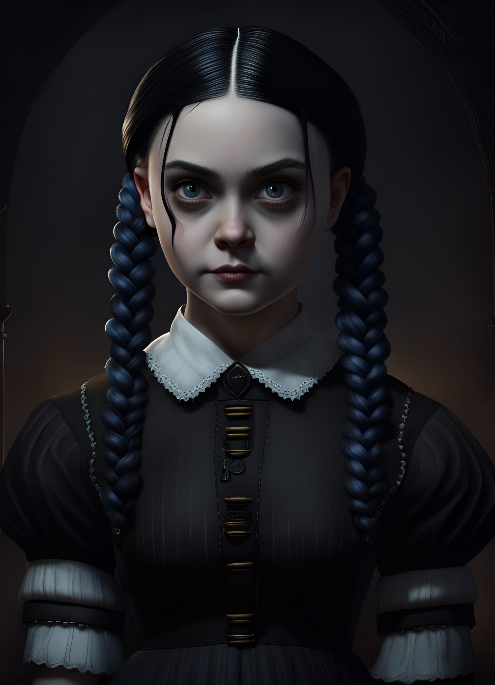 Gothic Wednesday Addams Portrait in Moody, Deep Colors