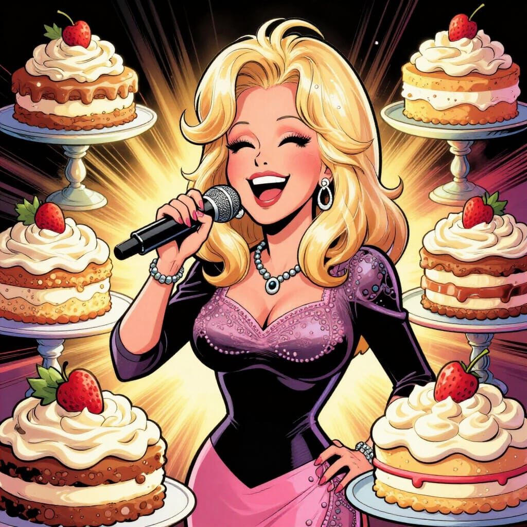 Dolly Parton Sings Joyfully Amidst Cream Cakes in Comic Styl...