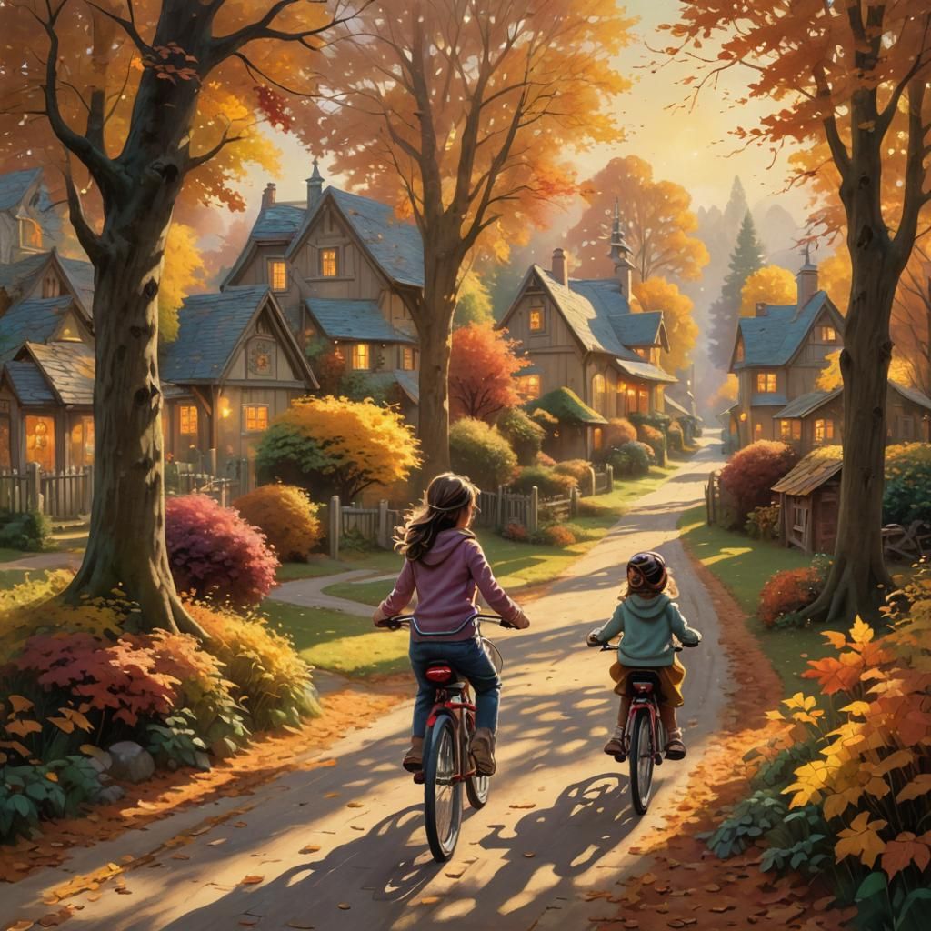 Whimsical Autumn Village Scene with a Young Girl on a Bike,....