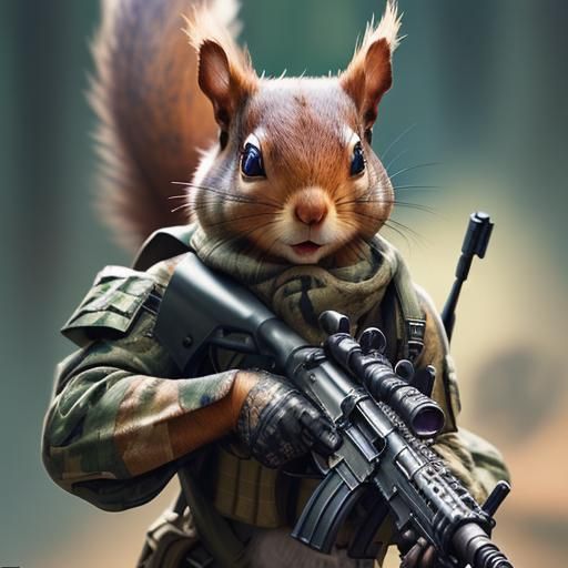 Surreal Squirrel Warrior Wields Futuristic Machine Gun