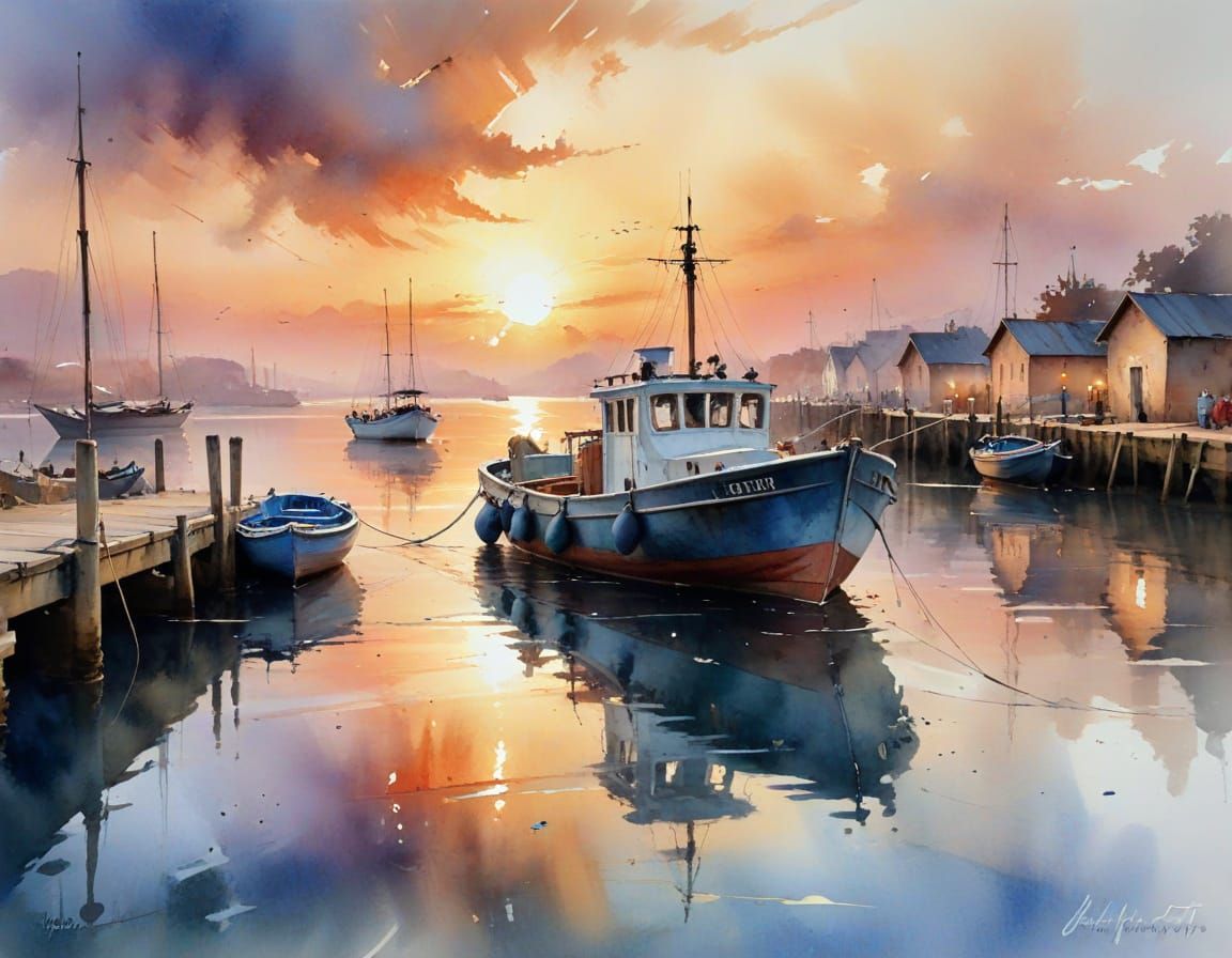 Old Boat at Sunset in Watercolour Style