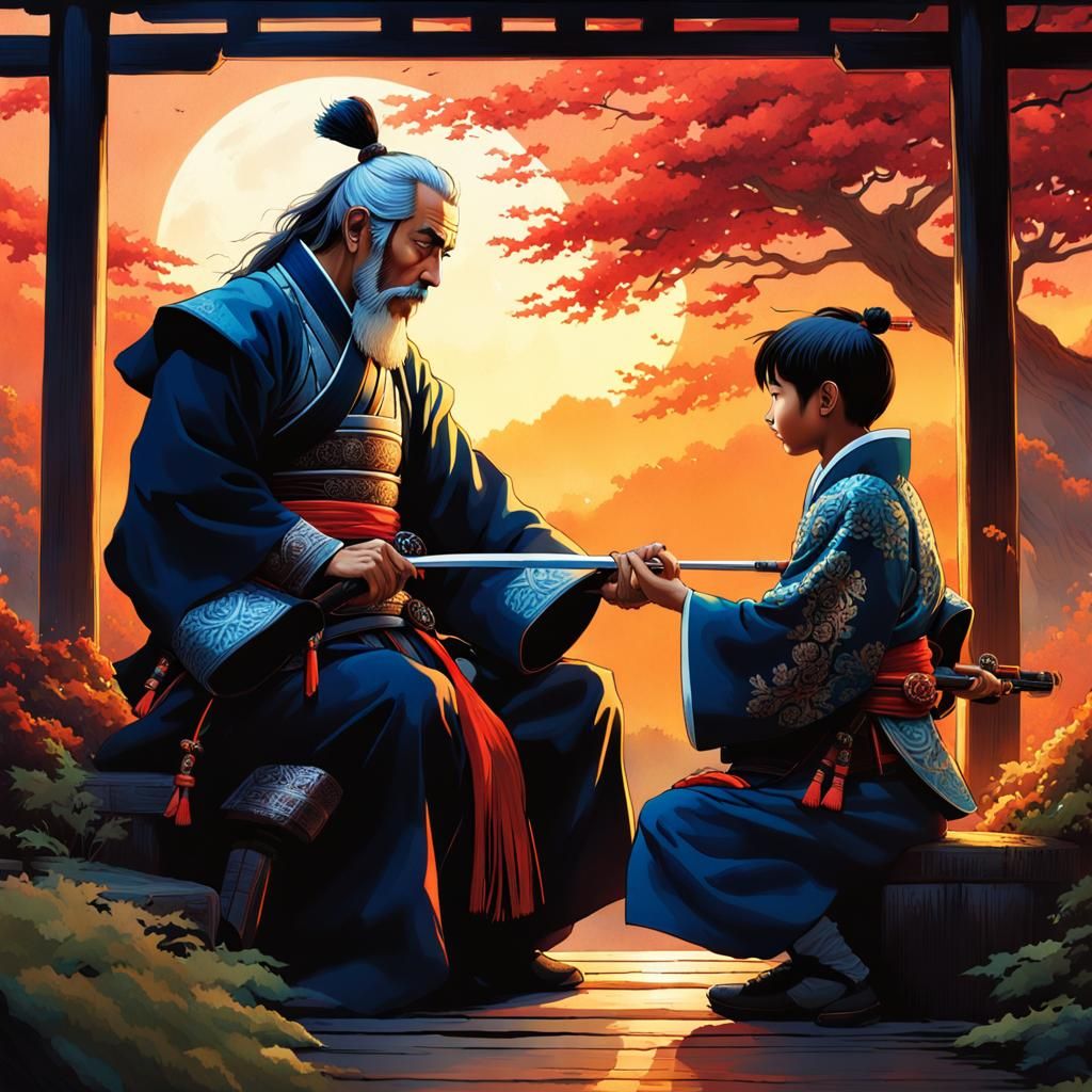 Ethereal Samurai Master Teaches Apprentice in Dreamlike Sunr...