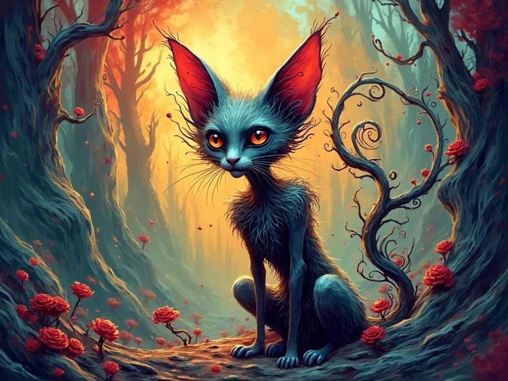 a beautiful zombiecore eldritch fantasycore cat <lora:SybilThorn-FluxLORA6:0.5> gouache bokeh Splash art Dan Mumford Tim...