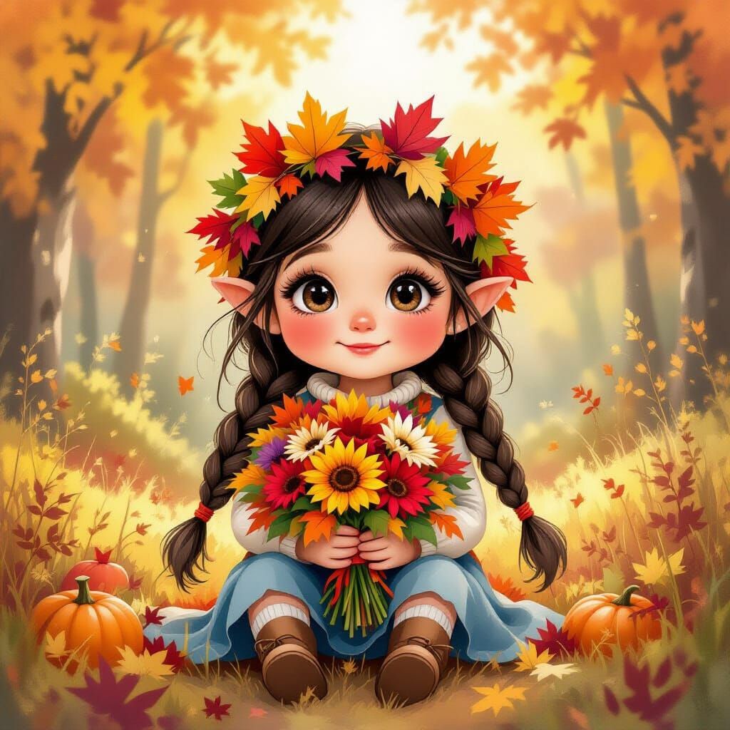 Gnome Girl in Autumn Forest: Watercolor and Pastel