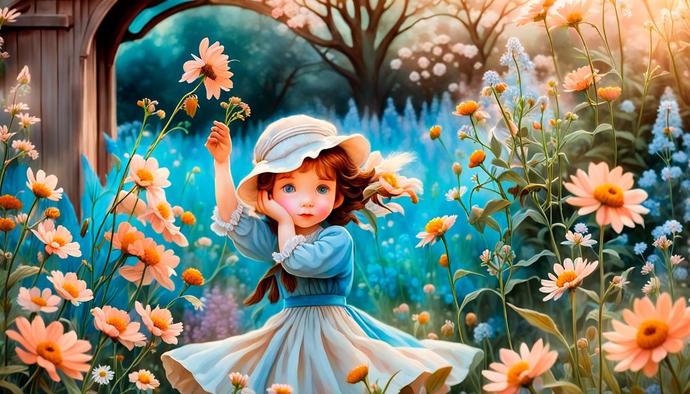 Whimsical Maiden in a Garden, Tasha Tudor Style