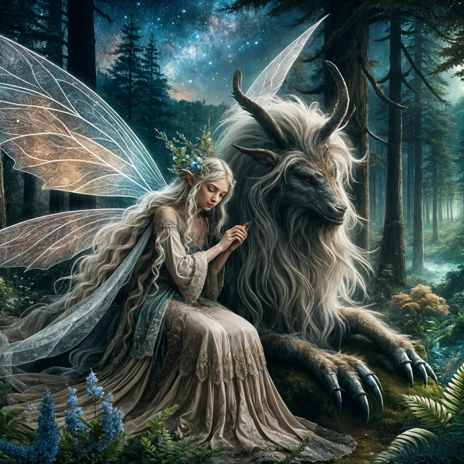 Woodland Fairy and Her Fierce Chimera Companion Beneath Moon...