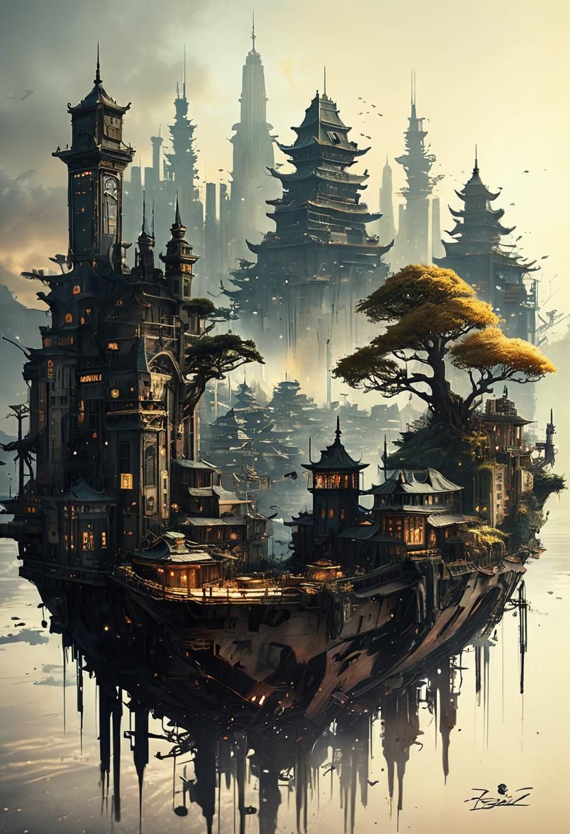 Ethereal Steampunk Cityscape in Majestic Crystal and Ivory