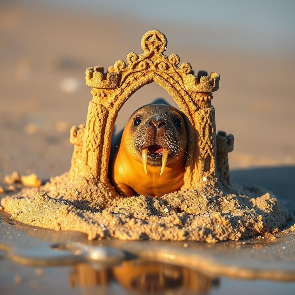 Delicate Sand Castle Fortress Adorned by a Curious Baby Walr...