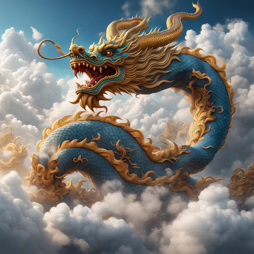Chinese Dragon Unfurls in Majestic Blue Cloudscape