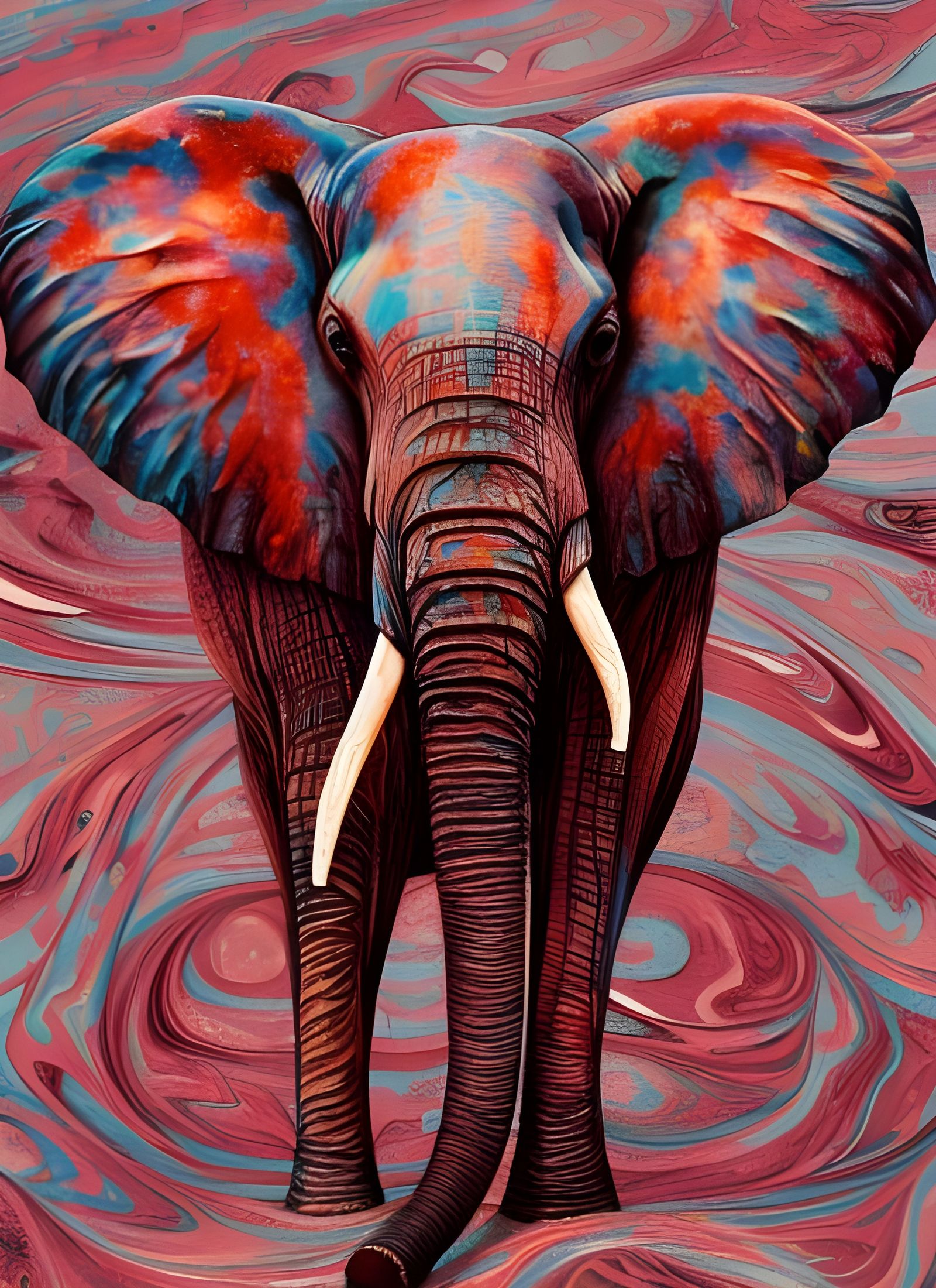A Red and Blue Marbled Elephant