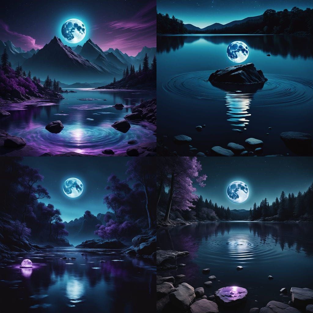 Moonlit Lake with Glowing Stone and Blue Waves