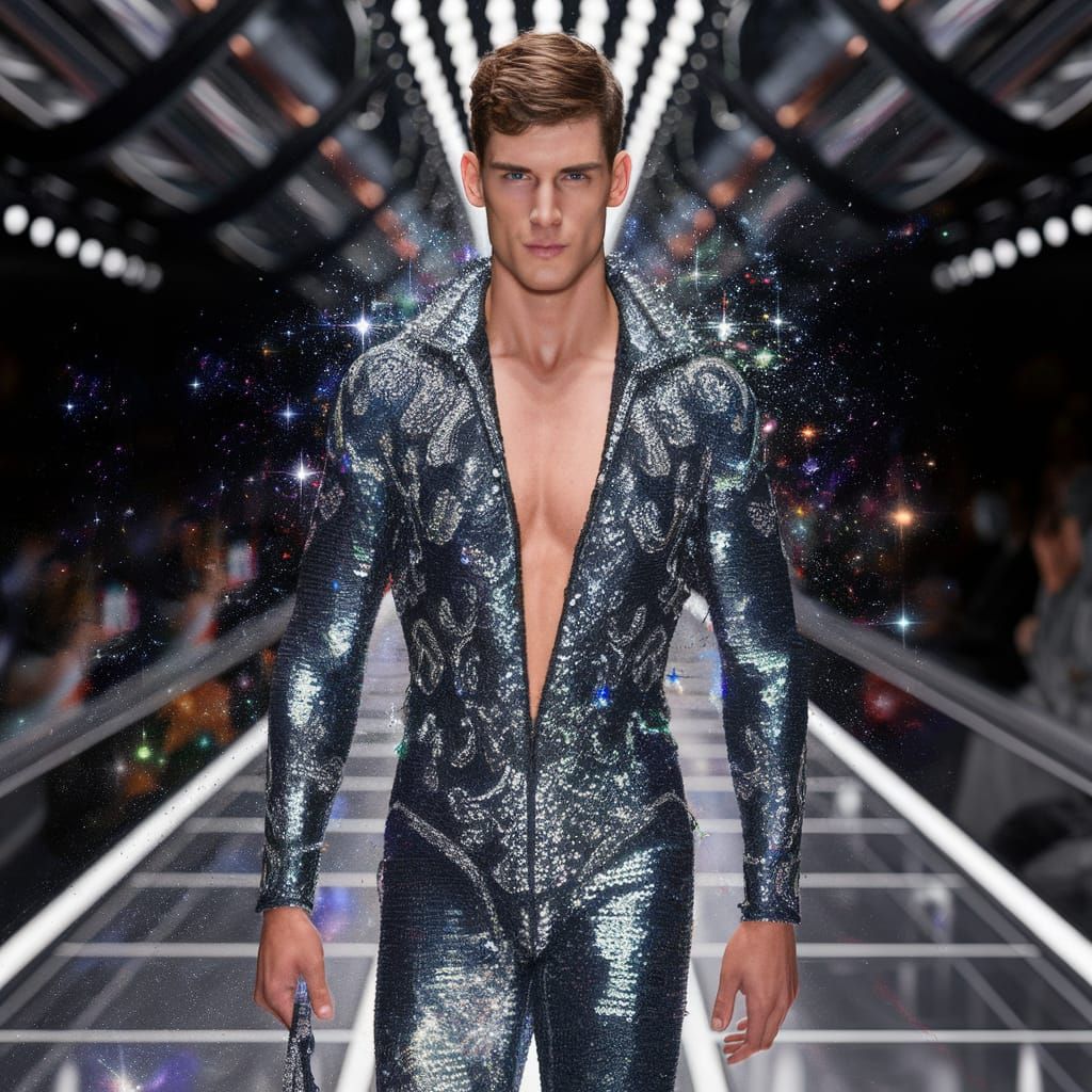 Confident Male Model Struts Down Catwalk in Shimmering Sequi...