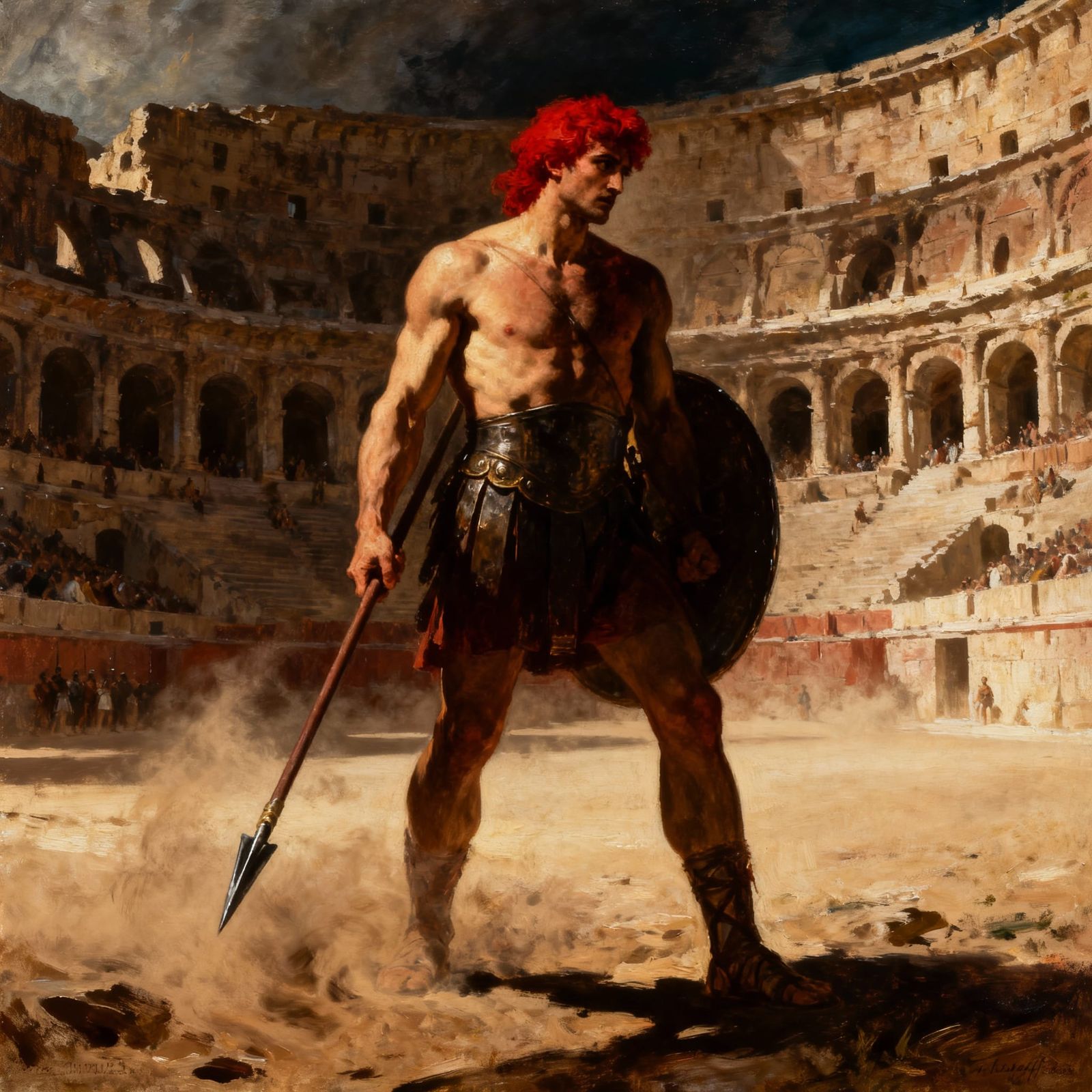 Romanticism oil painting of a redheaded gladiator in the Coliseum, striking a pose and holding up a spear, waiting and h...