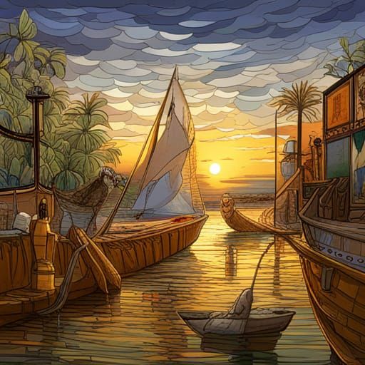 Egyptian Chess Game in Stained-Glass Style