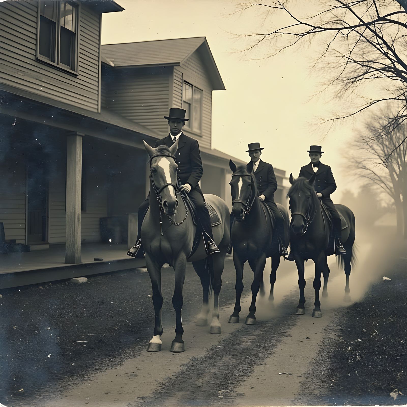 Ethereal Horse Stable Scene with Ghost Riders