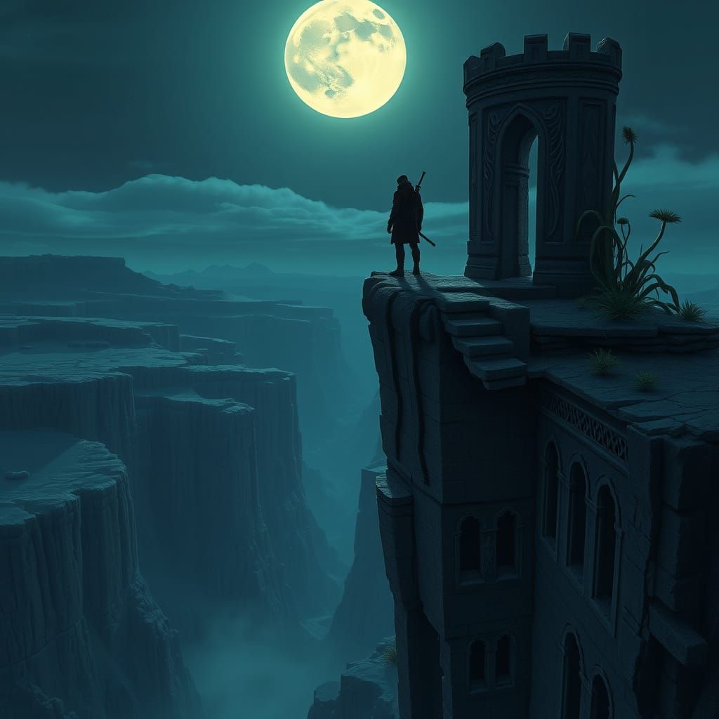 Adventurer Silhouetted on Stone Tower in Digital Art