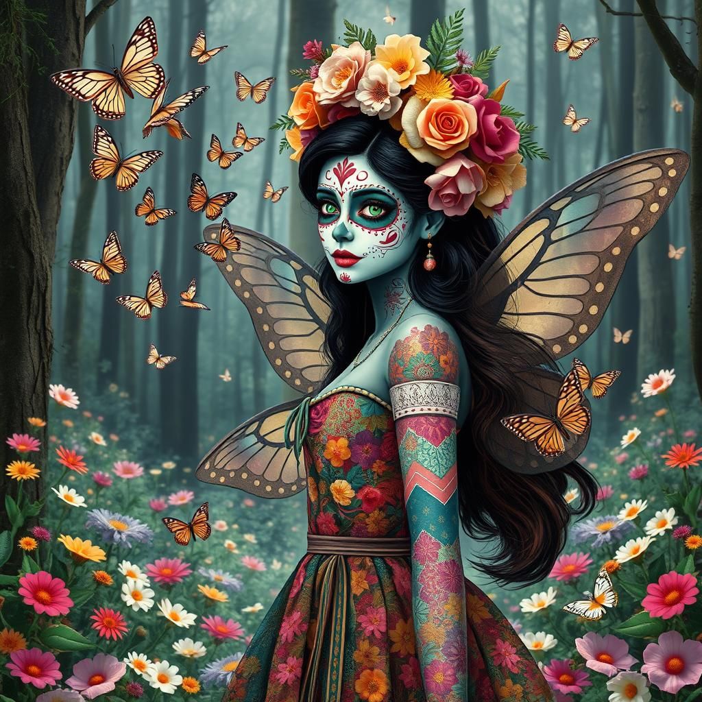 Woman Amongst Vibrant Flowers in Whimsical Día de los Muerto...