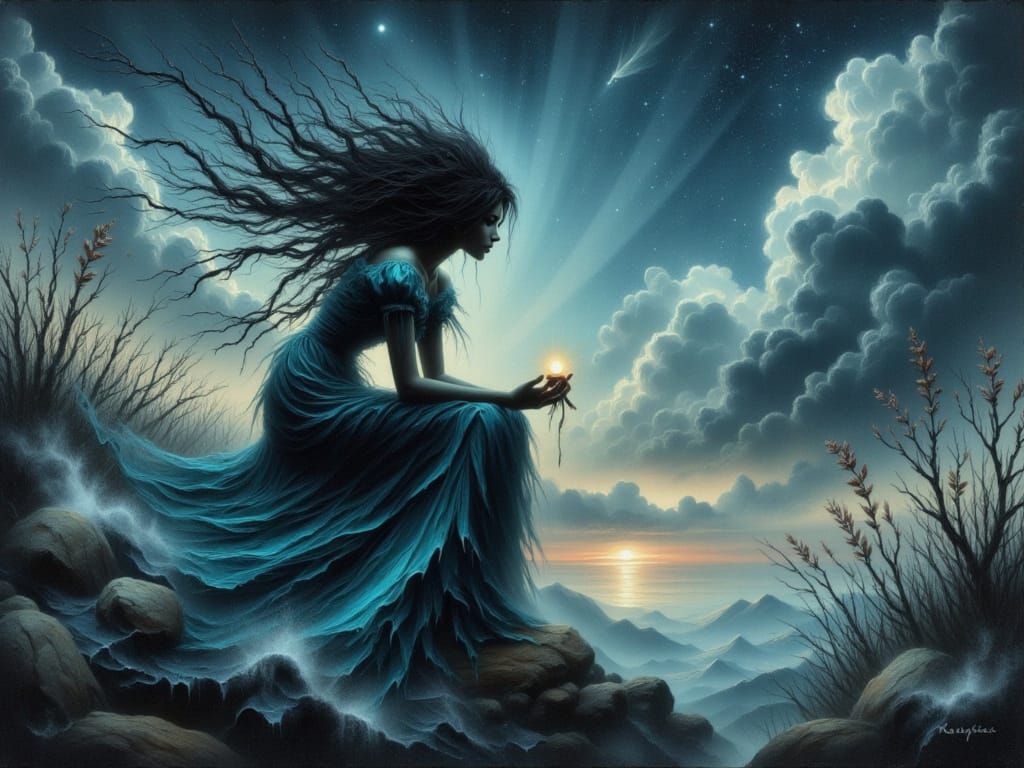 Dark Fantasy Moonchild in Watercolor Style