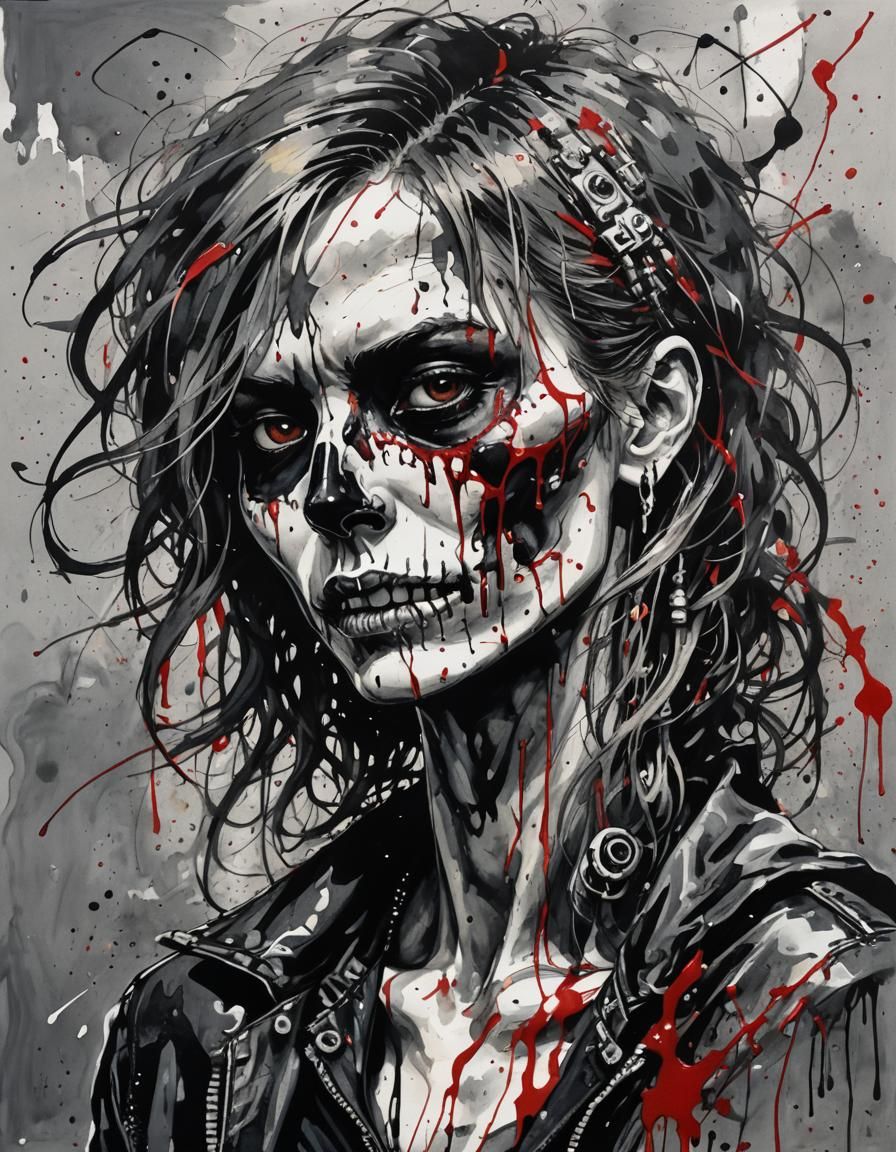 Skull-Faced Female Punk Rockstar in Jackson Pollock-Inspired...