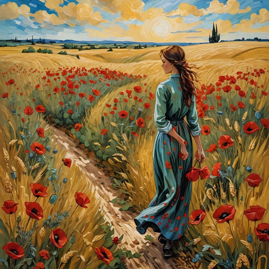Field of Vibrant Poppies in Whimsical Impasto Painting