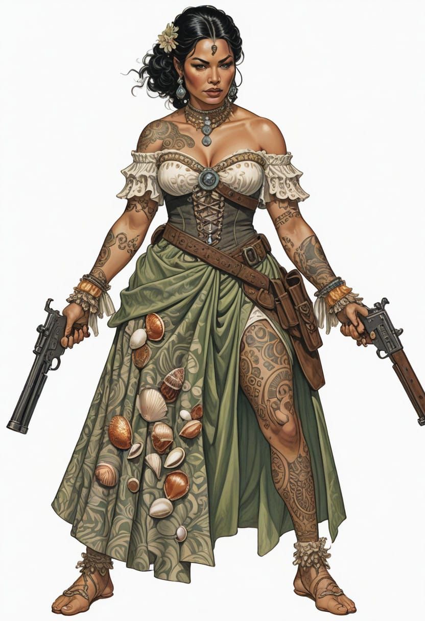 Exotic Gunslinger in Shimmering Sea Shell Dress