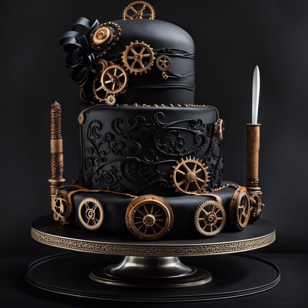 Steampunk Elegance: Black Cake with Intricate Ribbons and Sk...