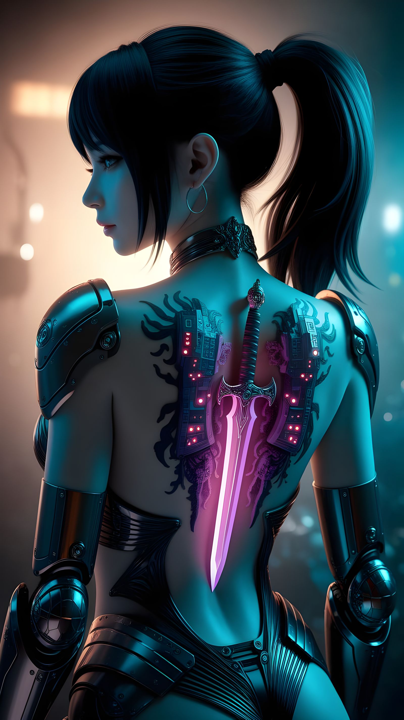 Anime Cyberpunk Woman with Sword Tattoo in Ethereal Glow