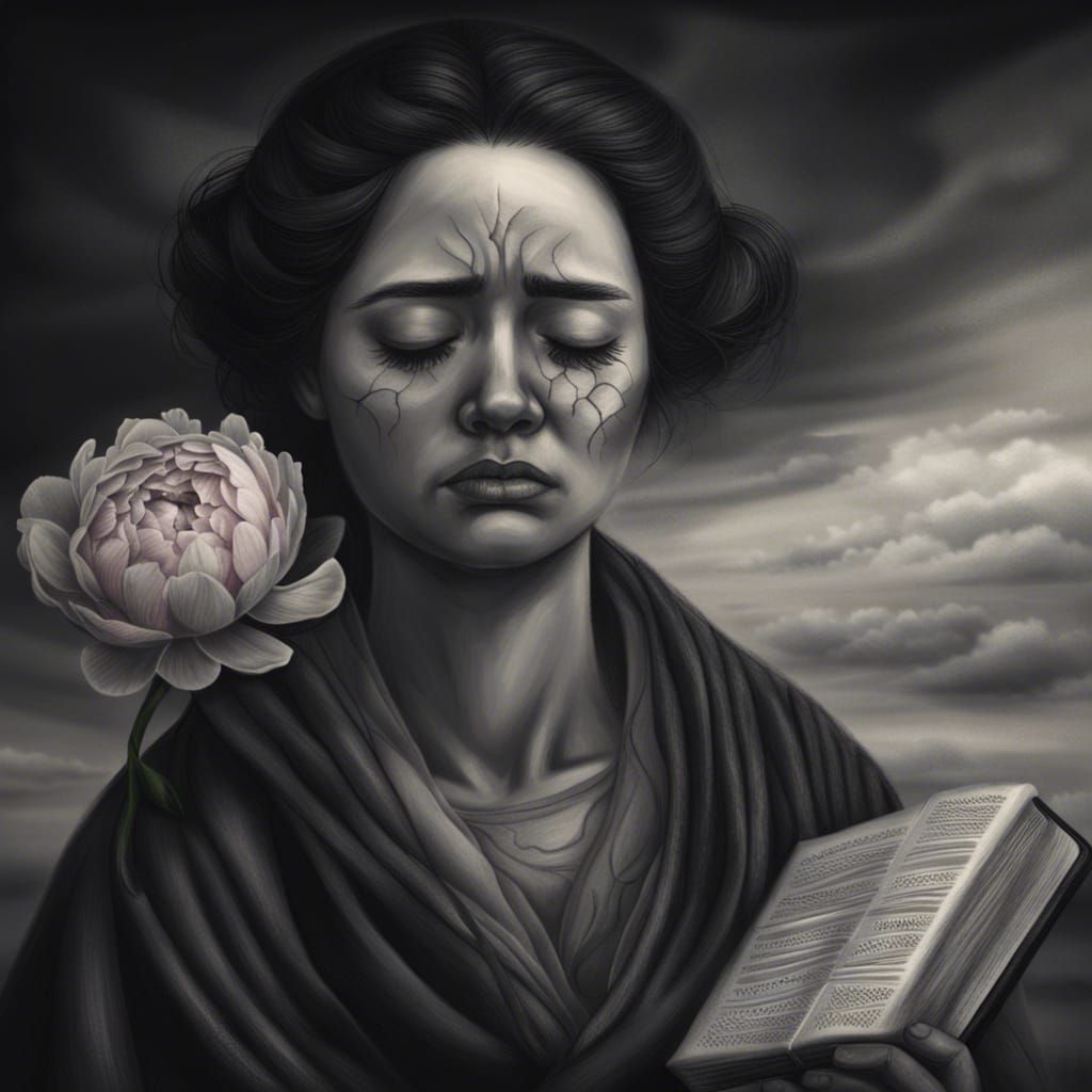 A Grieving Woman in Despair, Surrounded by Gloomy Skies and...