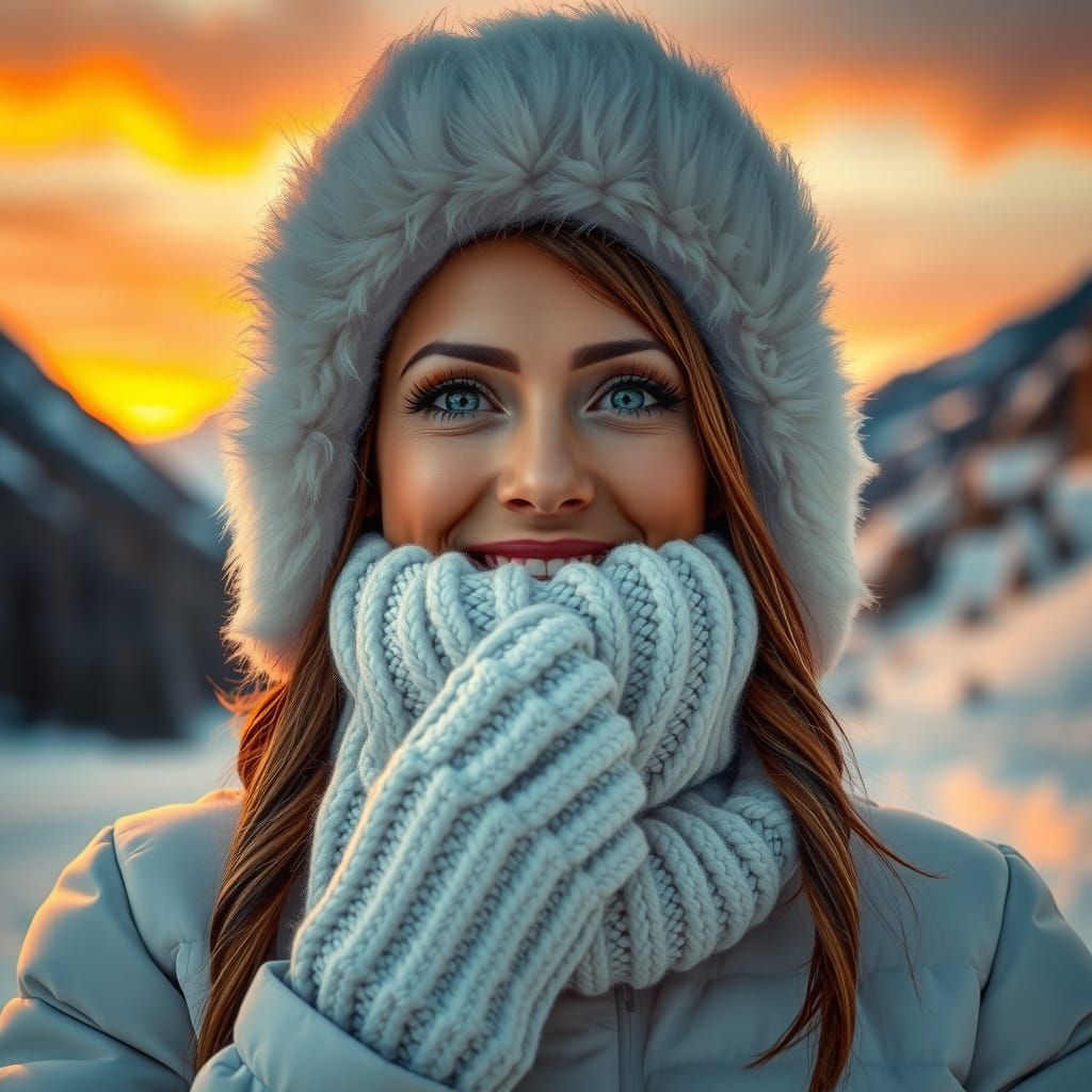 Snowy Portrait of Woman in Furry Hat