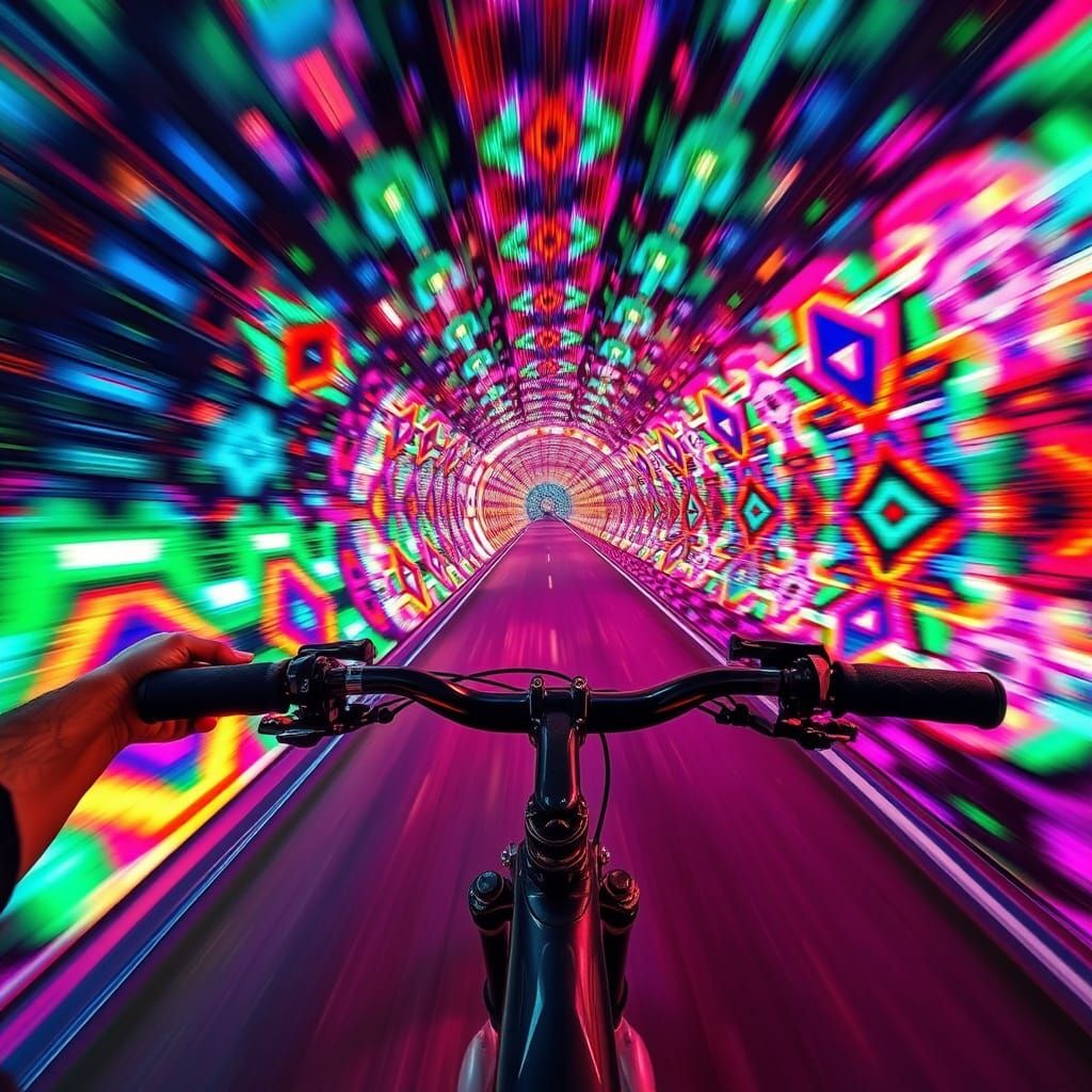 Rider in Neon Kaleidoscope Tunnel