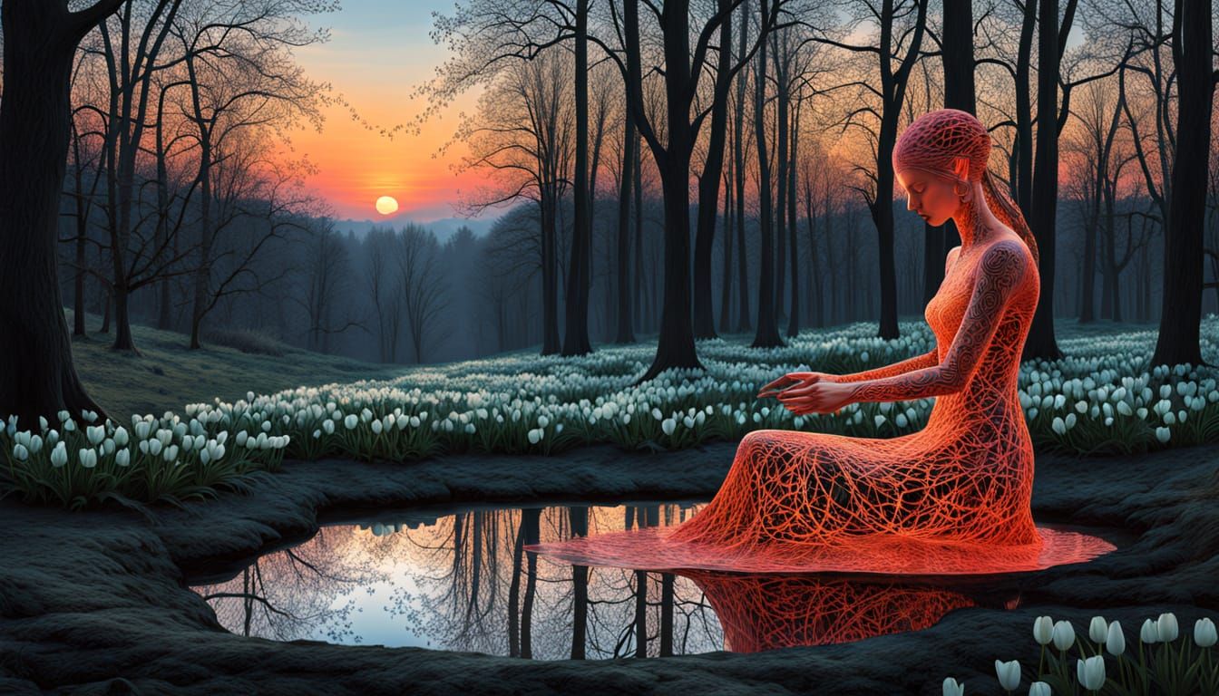 Surreal Fragmented Sculpture of Woman at Sunset