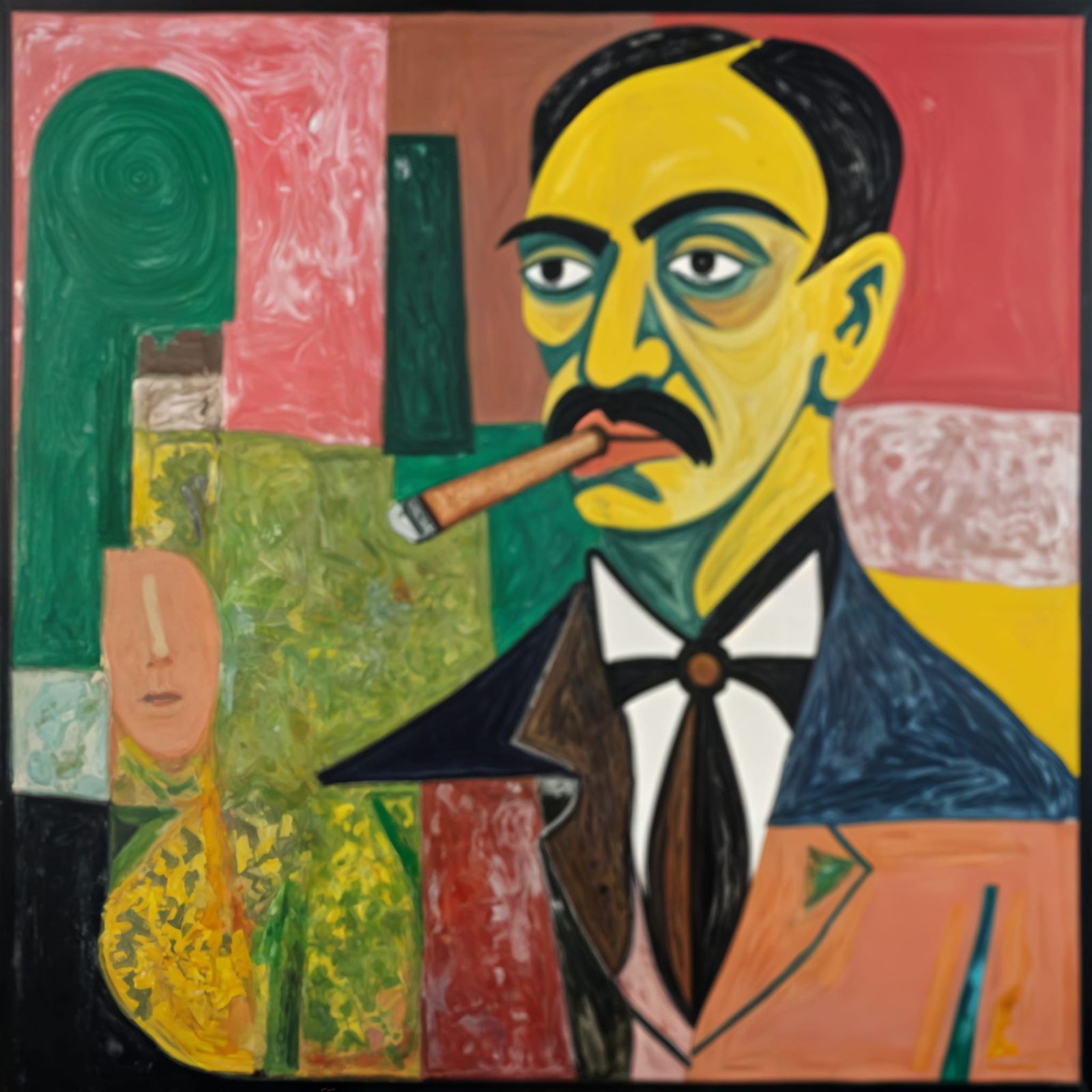 Abstract Expressionist Portrait with Cigar in Pink and Green