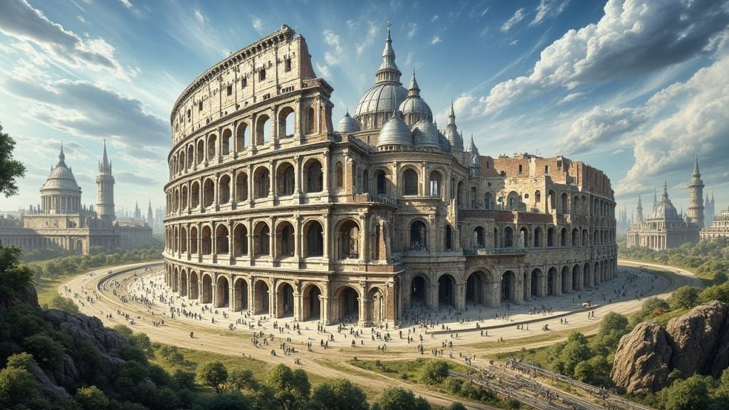 Abstract Miniature Pisa Tower Inside Colosseum Merging with ...