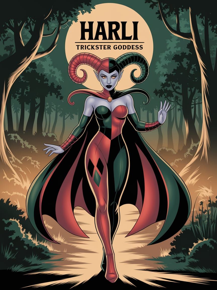 Harli, Trickster Goddess. Harley Quinn + Loki Amalgam.