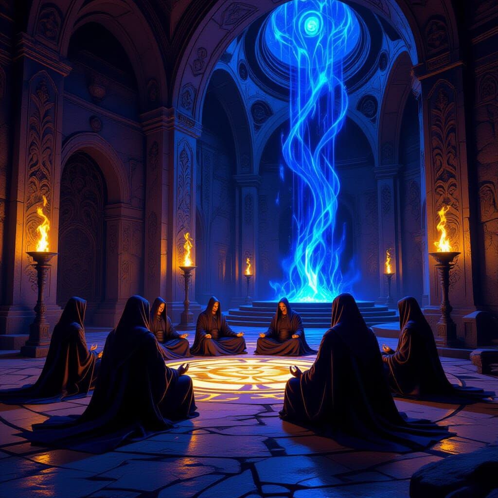 Wizards Meditating in Stone Chamber with Blue Torches