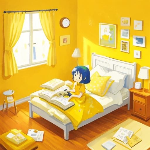 Sisters Jumping in Yellow Cartoon Bedroom