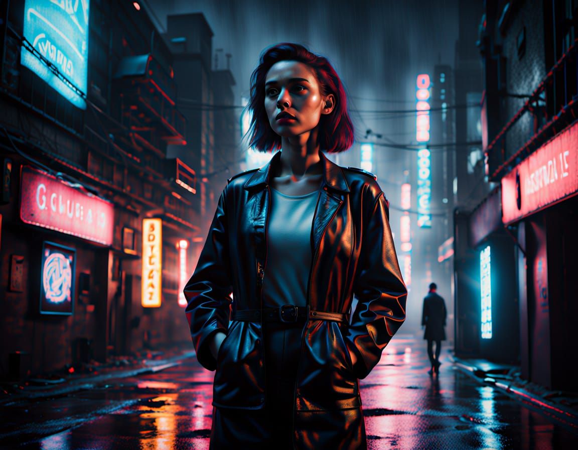 Sombre Woman in Retro Dystopian Urban Landscape