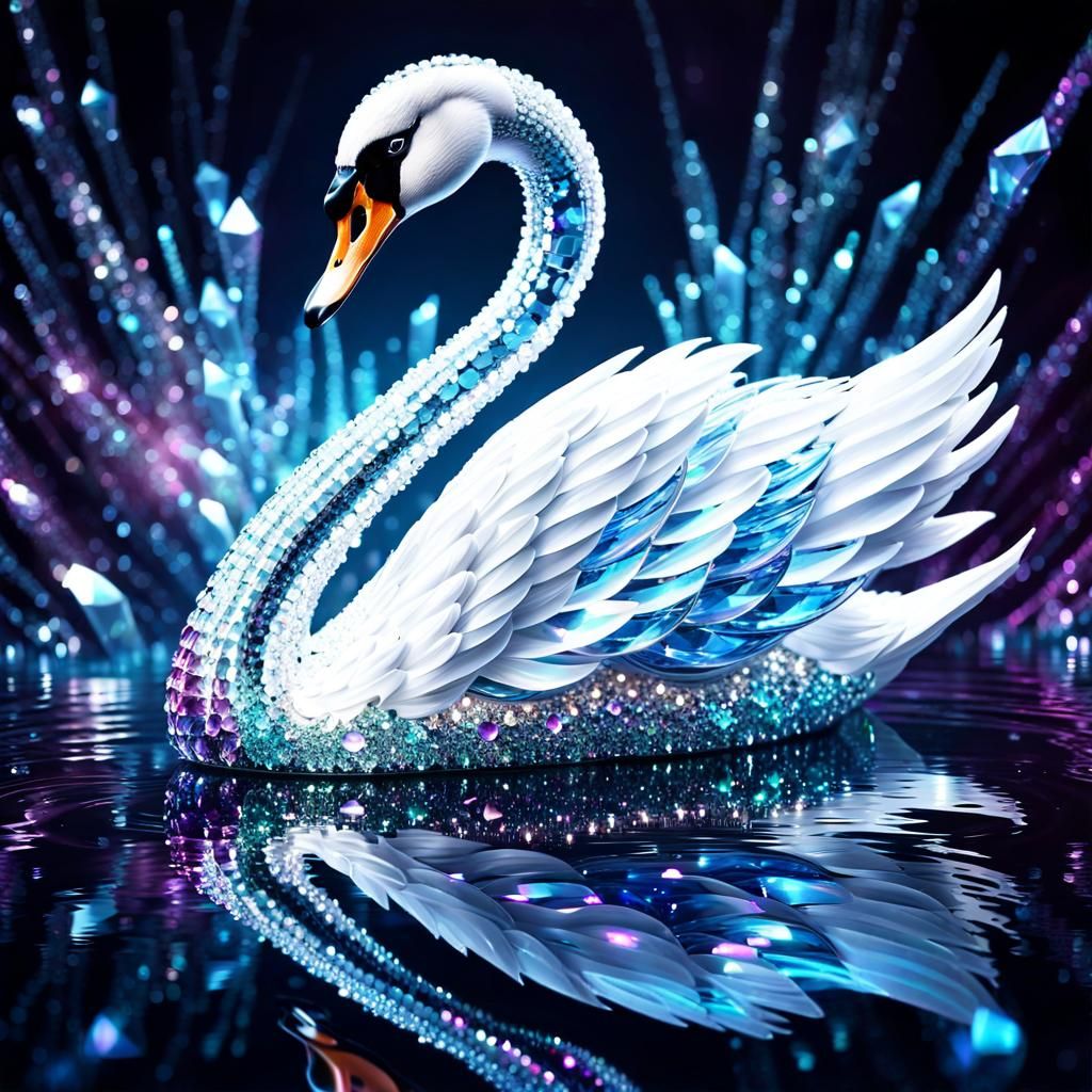 Glistening crystal swan swimming with its reflection in the water