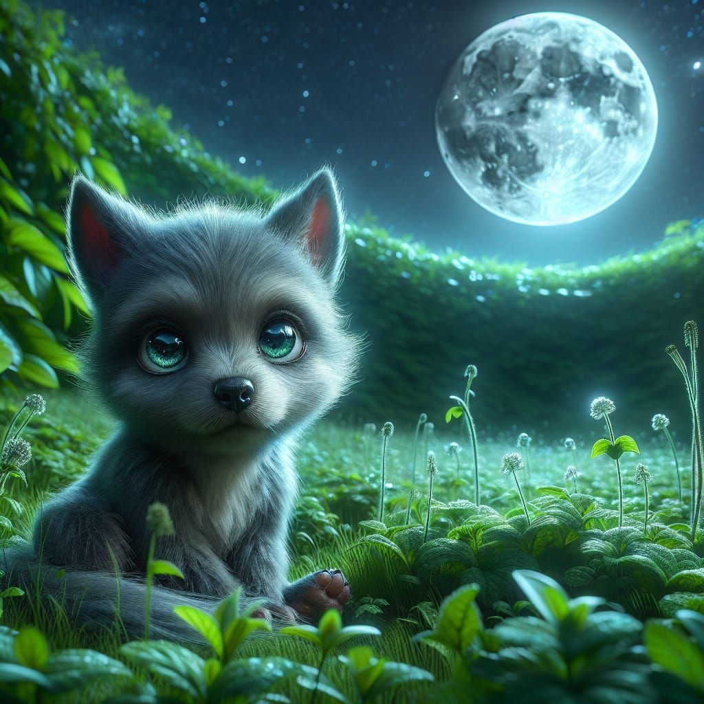 Adorable Baby Werewolf Basks Under a Radiant Moonlit Night