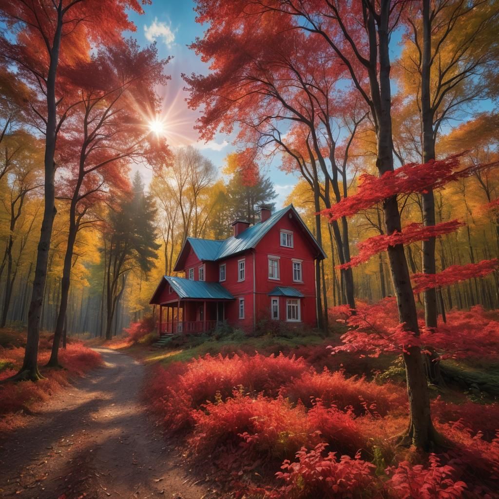 Whimsical Red Forest Scene in Vibrant Colors