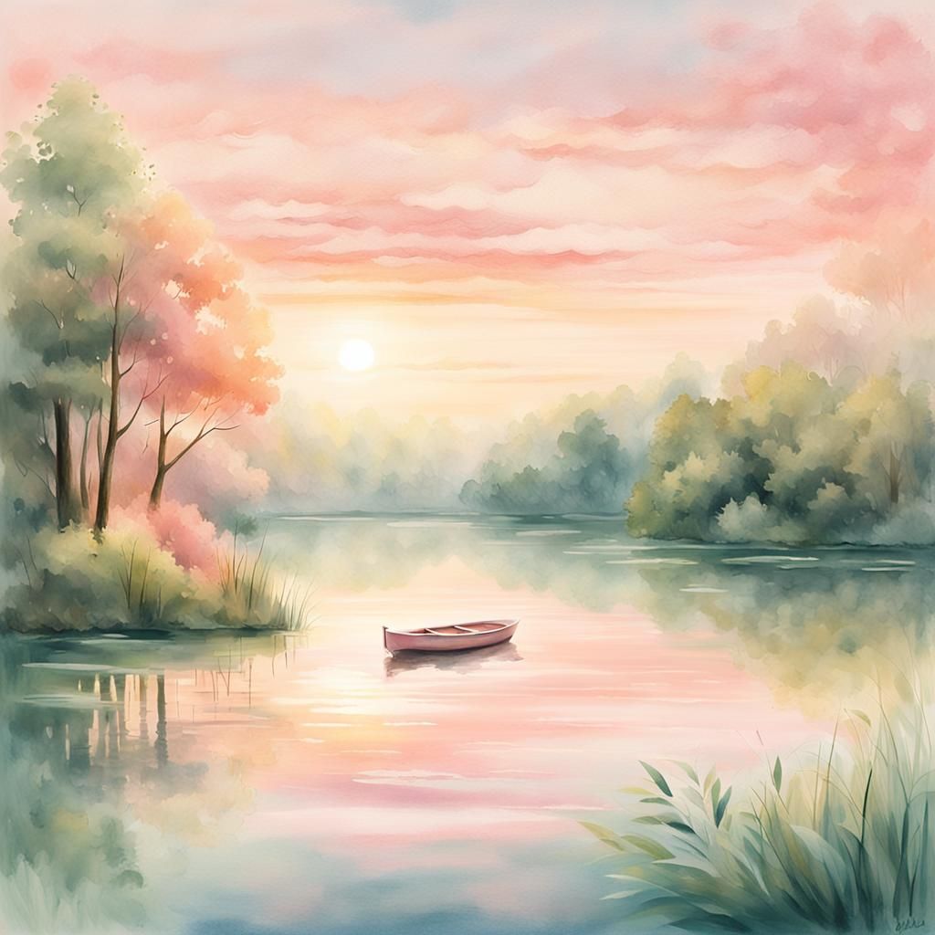 Surreal Dreamscapes in Soft Focus: Serene Lake Scene at Sunr...