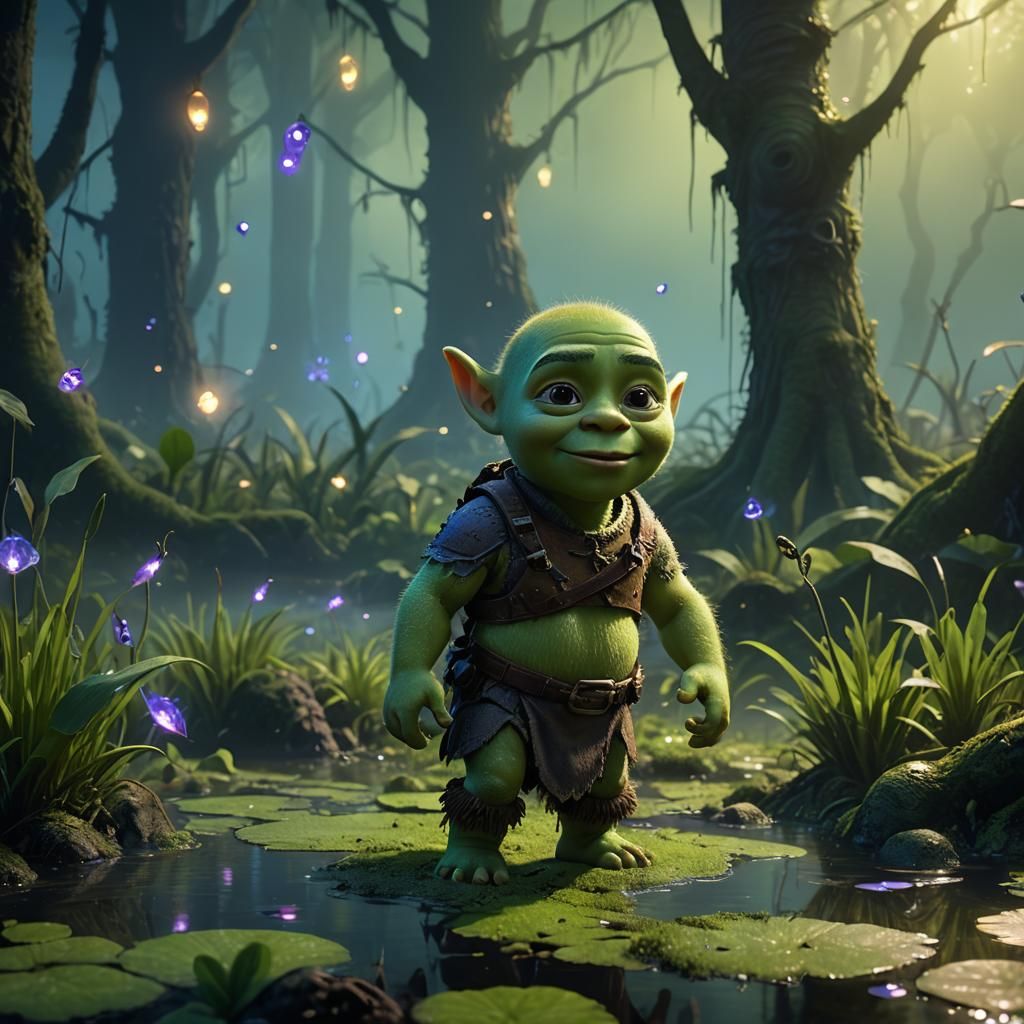 Vibrant Swamp Scene with Glowing Fireflies in Low Angle Clos...