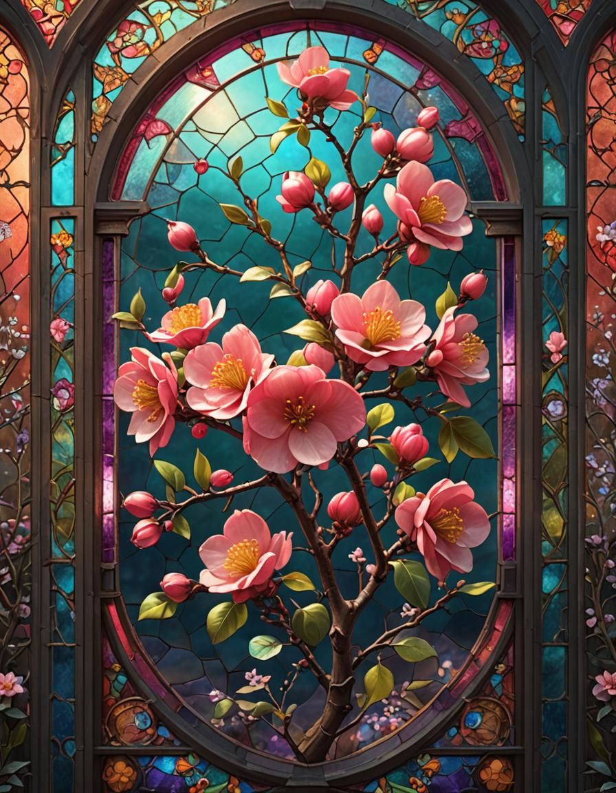 Intricate Quince Flower Shines in Stained Glass Splendor