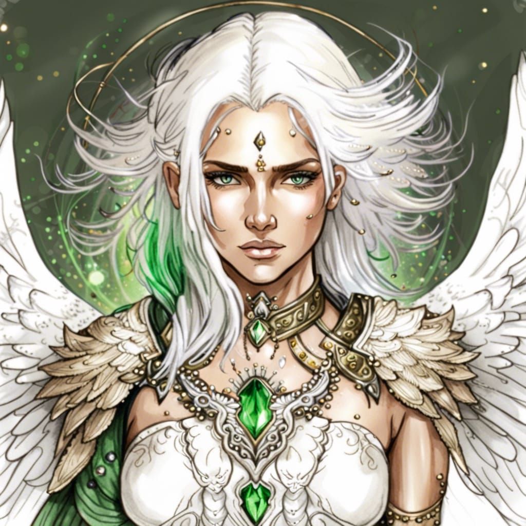 hand drawn sketch illustration of a beautiful angel with white hair, green eyes, broken angelic wings, bronze armor, gem...