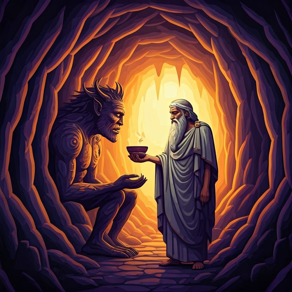 Greek Offers Wine to Cyclops in Cubist Style